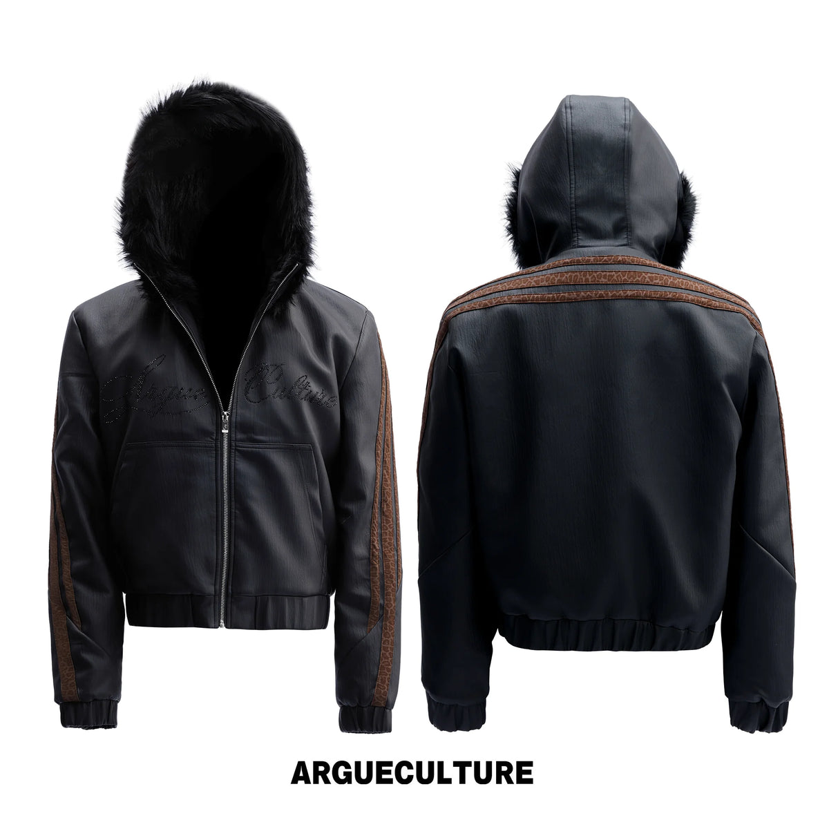 Faux Fur Hooded Leopard Sleeve Faux Leather Jacket - Black