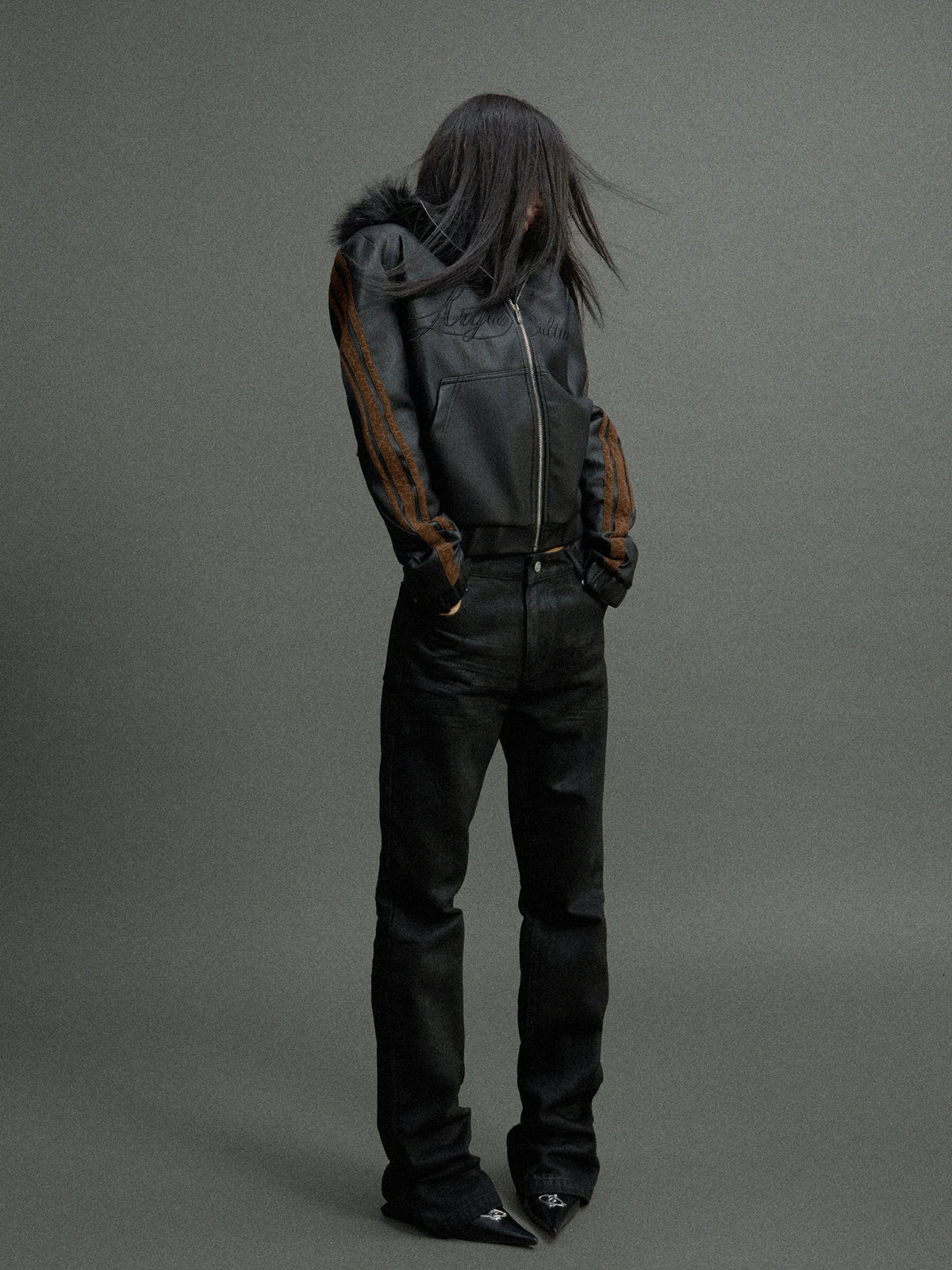 Faux Fur Hooded Leopard Sleeve Faux Leather Jacket - main image 2