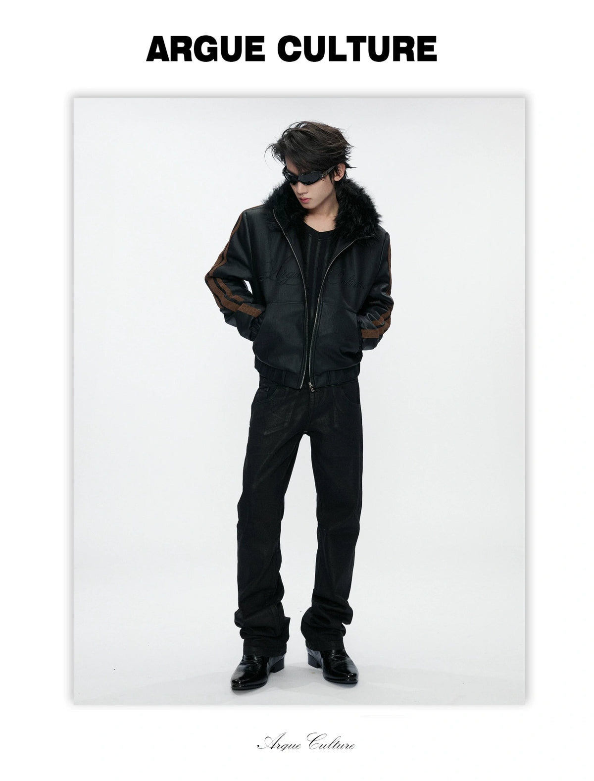 Faux Fur Hooded Leopard Sleeve Faux Leather Jacket - detail image 4