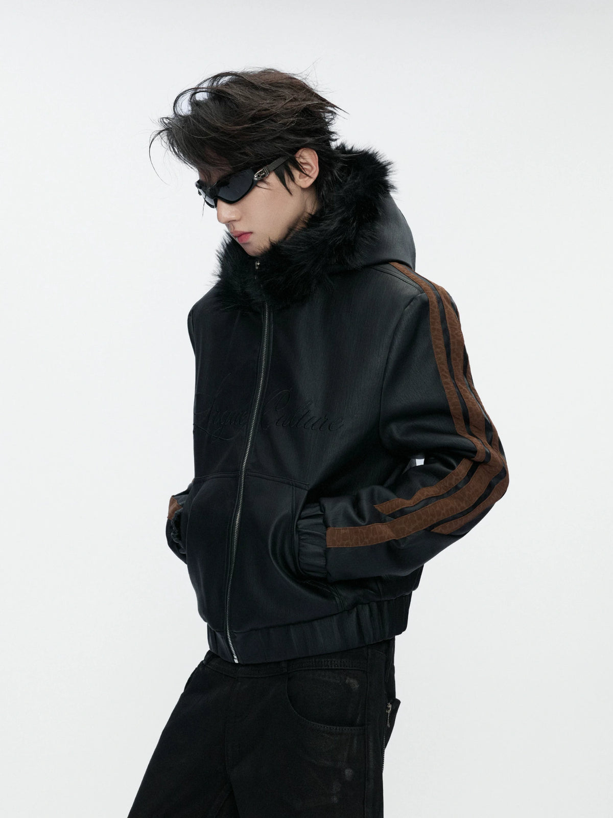 Faux Fur Hooded Leopard Sleeve Faux Leather Jacket - main image 1