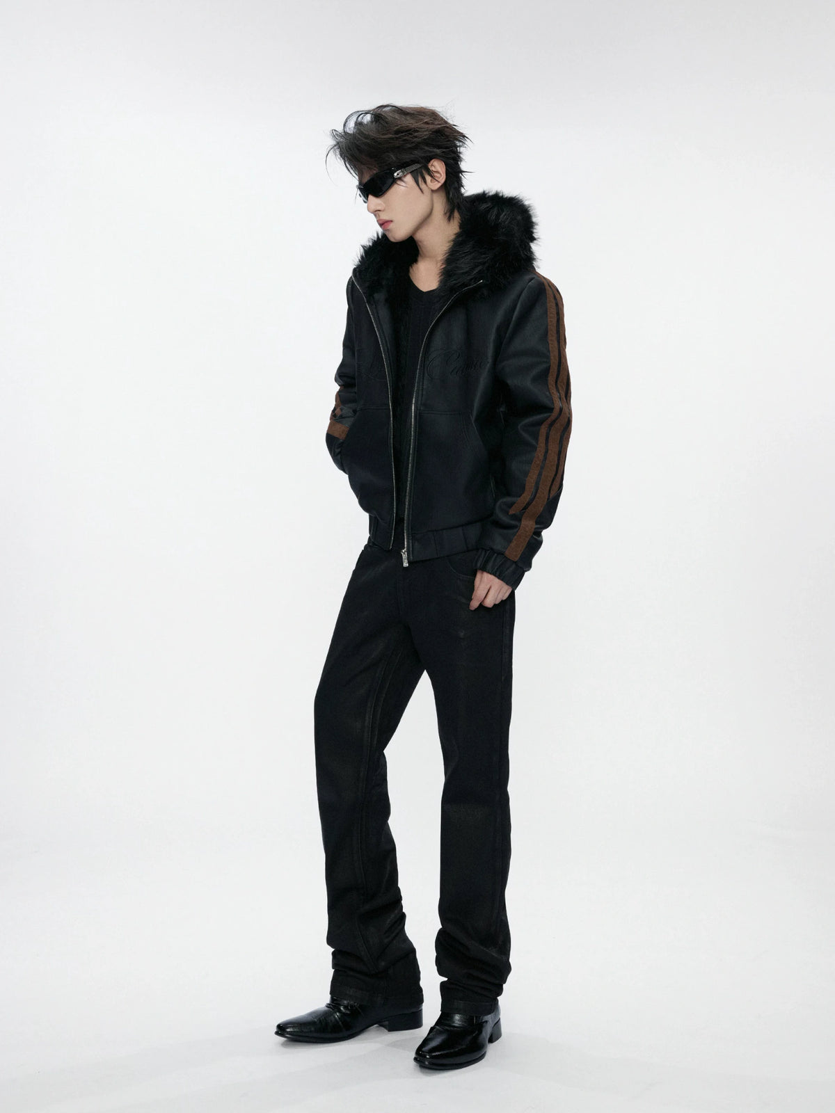Faux Fur Hooded Leopard Sleeve Faux Leather Jacket - main image 5