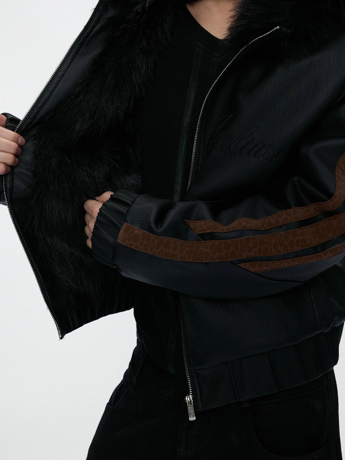 Faux Fur Hooded Leopard Sleeve Faux Leather Jacket - main image 4