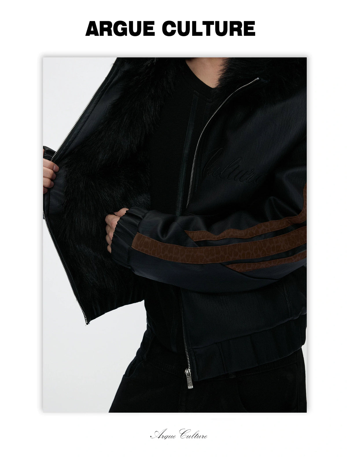Faux Fur Hooded Leopard Sleeve Faux Leather Jacket - detail image 10