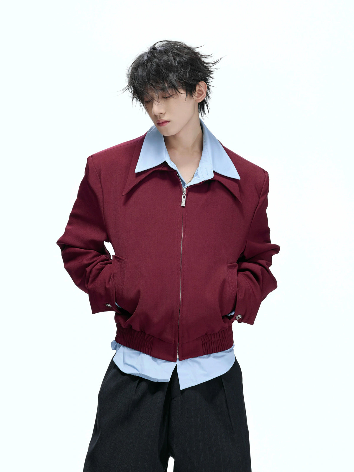 Faux-Layer Cropped Boxy Jacket with Piped Pockets - main image 1