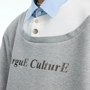 Casual lifestyle shot of the faux three-piece sweatshirt in urban setting.