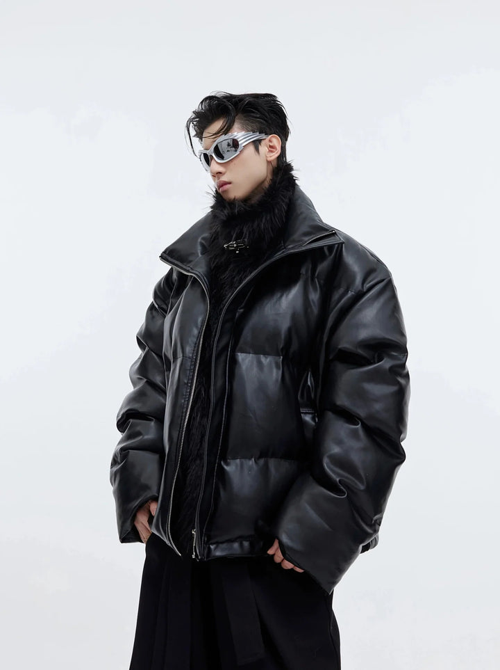 Faux Leather and Plush Puffer Jacket | Edgy Deconstructed Short Coat for Men - ArguE CulturE