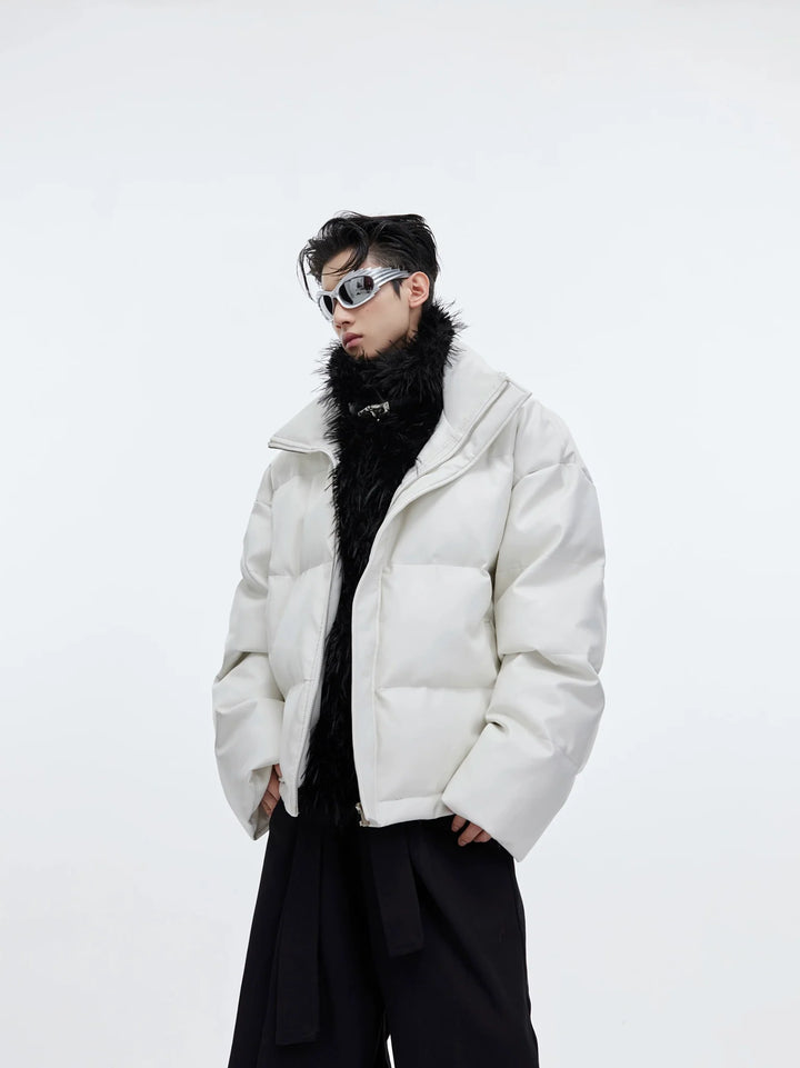 Faux Leather and Plush Puffer Jacket | Edgy Deconstructed Short Coat for Men - ArguE CulturE