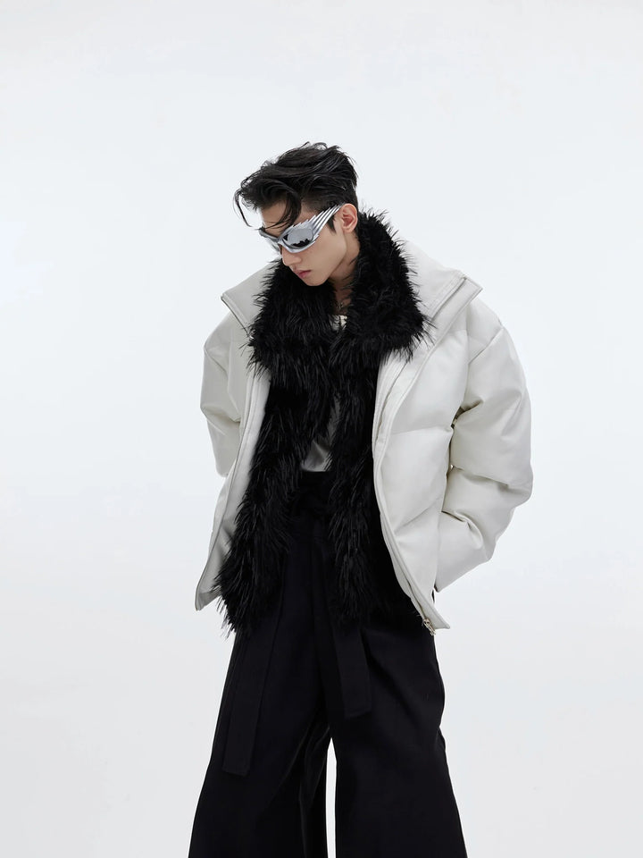 Faux Leather and Plush Puffer Jacket | Edgy Deconstructed Short Coat for Men - ArguE CulturE