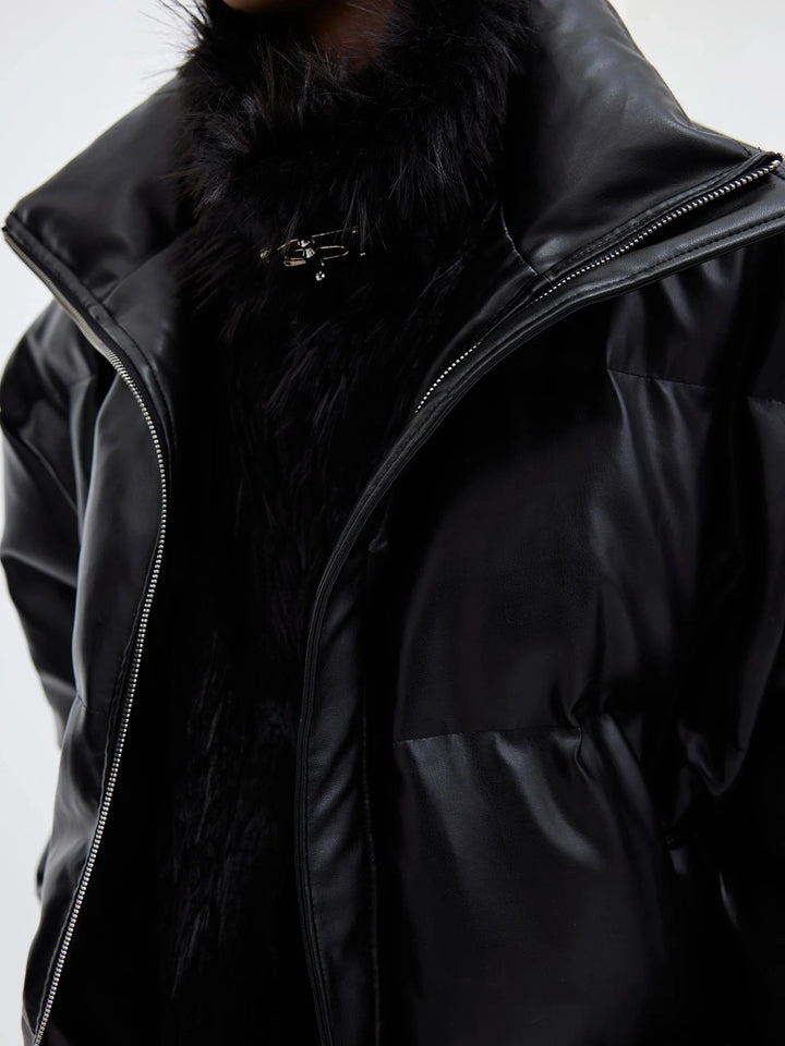 Faux Leather and Plush Puffer Jacket | Edgy Deconstructed Short Coat for Men - ArguE CulturE