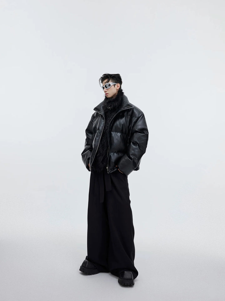 Faux Leather and Plush Puffer Jacket | Edgy Deconstructed Short Coat for Men - ArguE CulturE