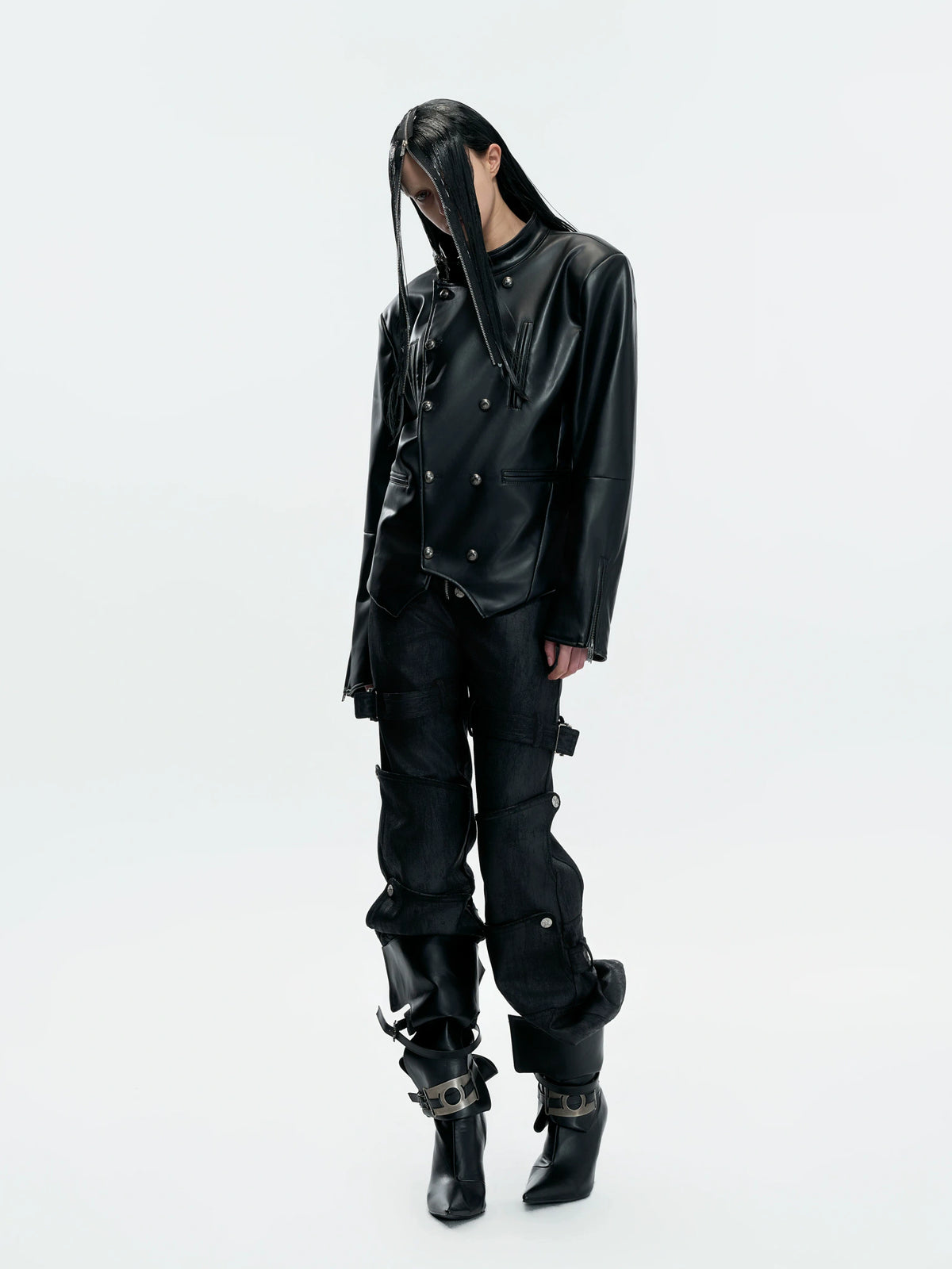 Faux Leather Double-Breasted Cropped Street Jacket - main image 4