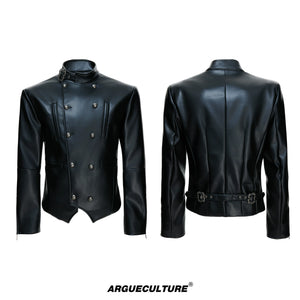 Faux Leather Double-Breasted Cropped Street Jacket - Black
