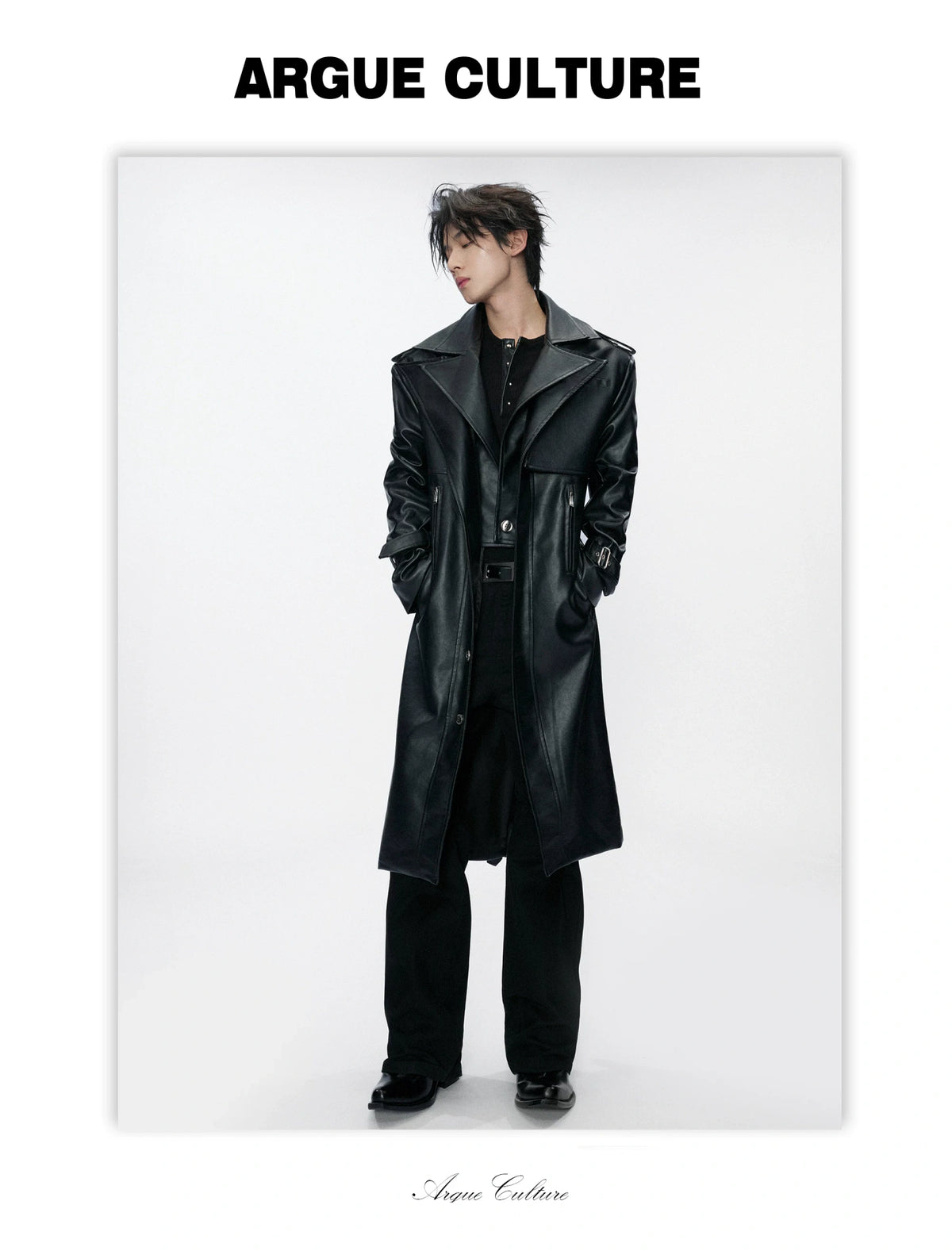 Faux Leather Dual-Collar Belted Long Trench Coat in Black - detail image 3
