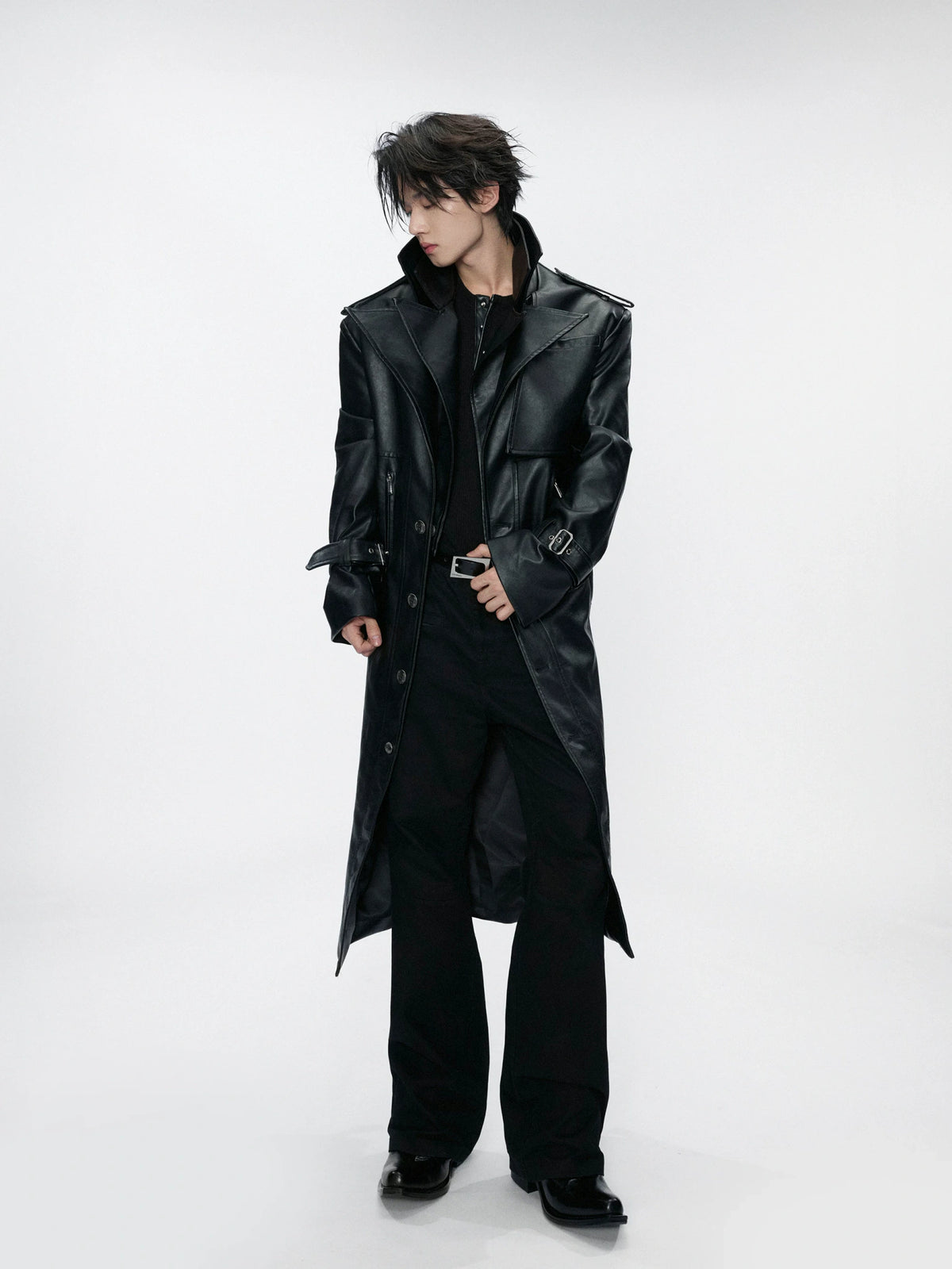 Faux Leather Dual-Collar Belted Long Trench Coat in Black - main image 1