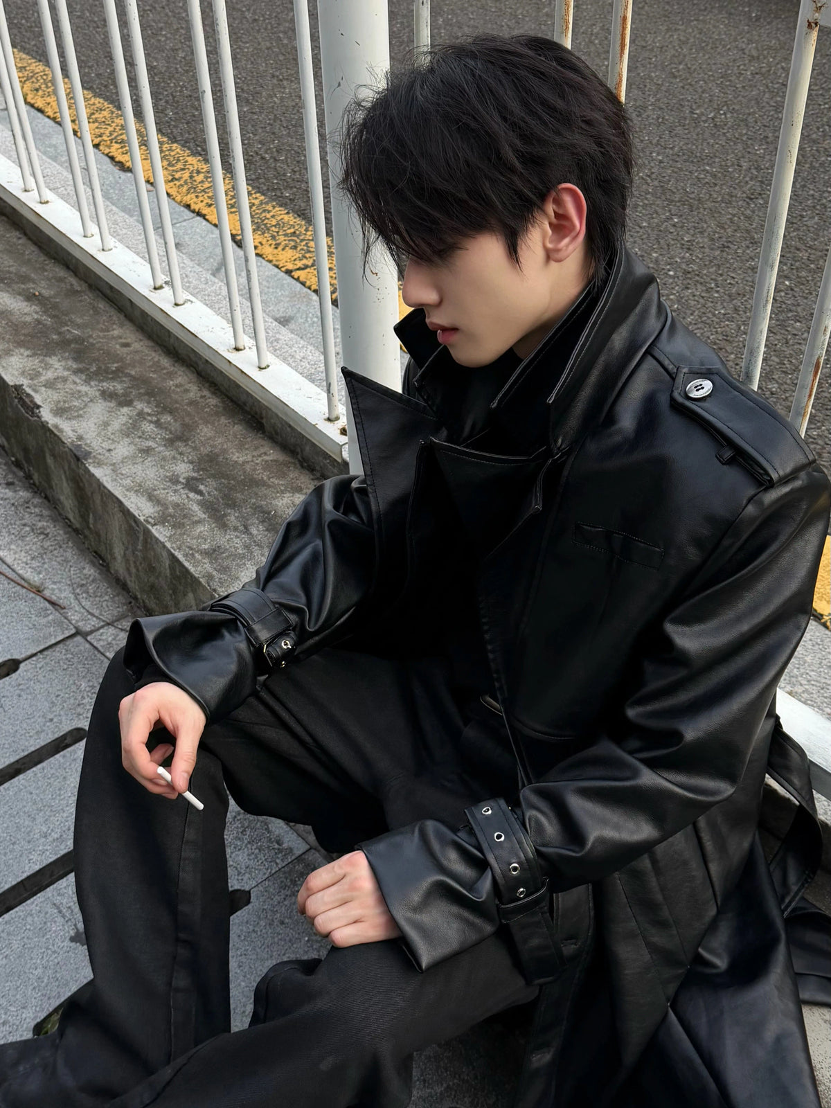 Faux Leather Dual-Collar Belted Long Trench Coat in Black - main image 3