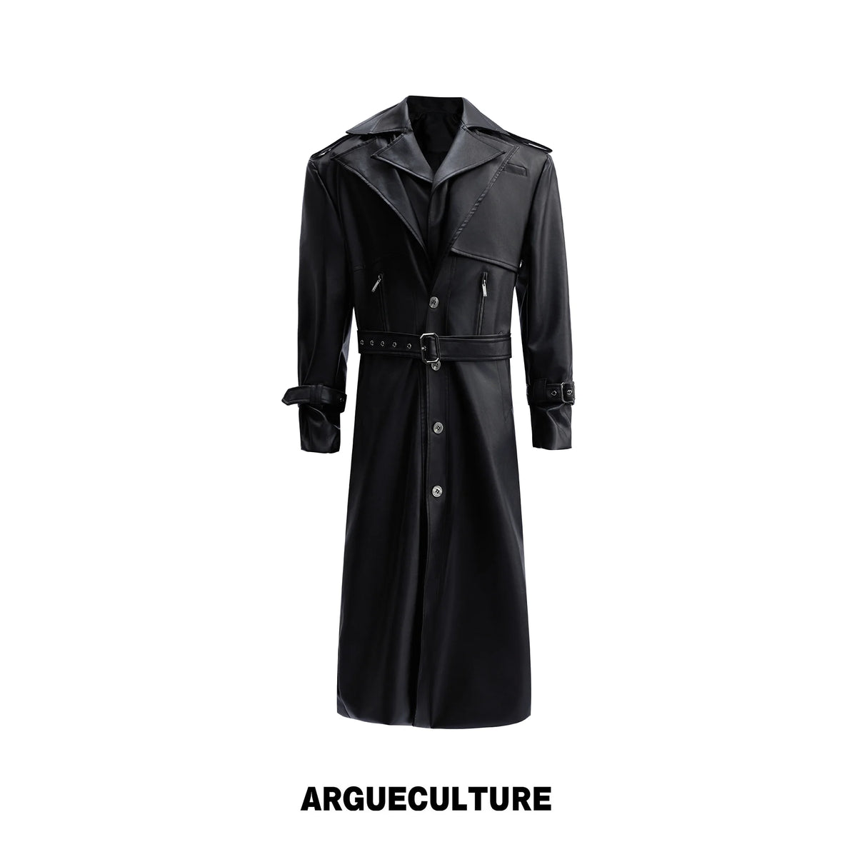 Faux Leather Dual-Collar Belted Long Trench Coat in Black - Black