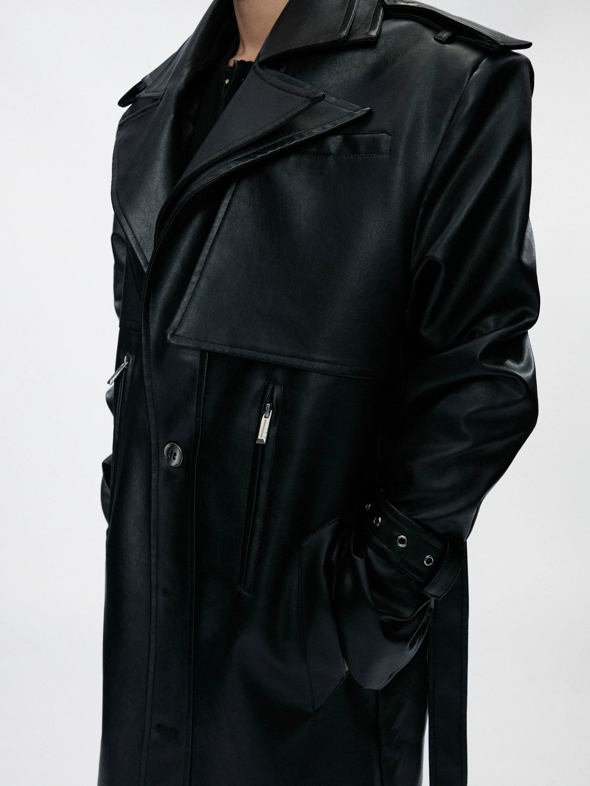 Faux Leather Dual-Collar Belted Long Trench Coat in Black - main image 4