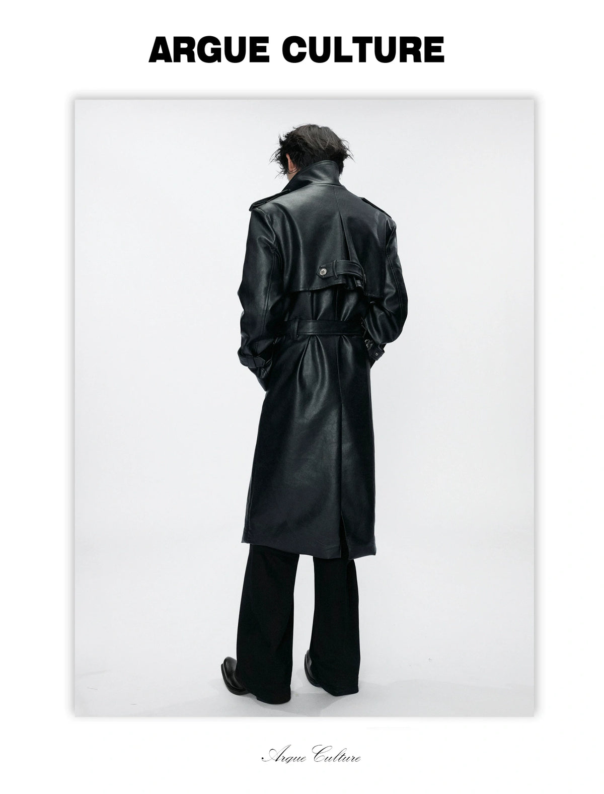 Faux Leather Dual-Collar Belted Long Trench Coat in Black - detail image 4