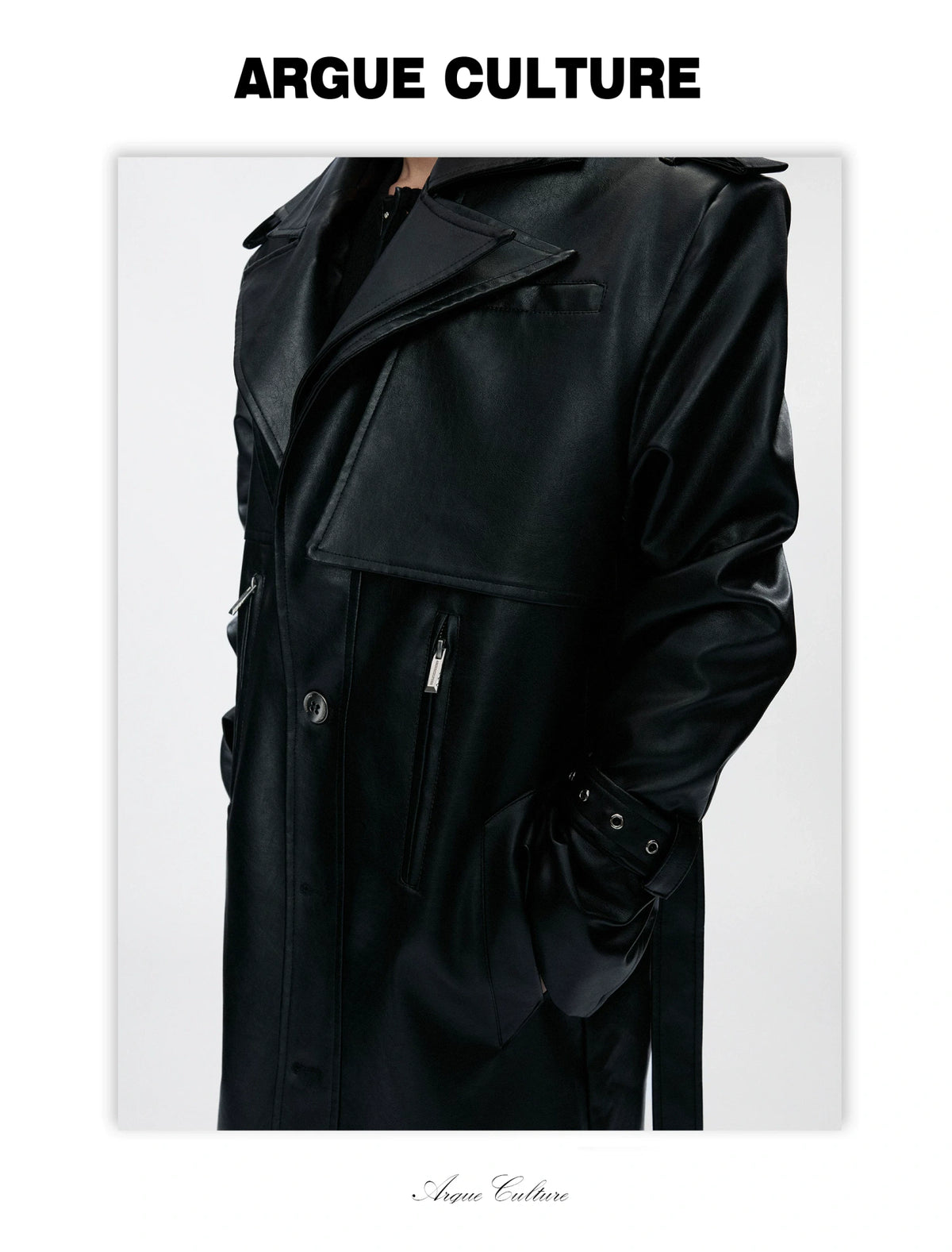 Faux Leather Dual-Collar Belted Long Trench Coat in Black - detail image 5