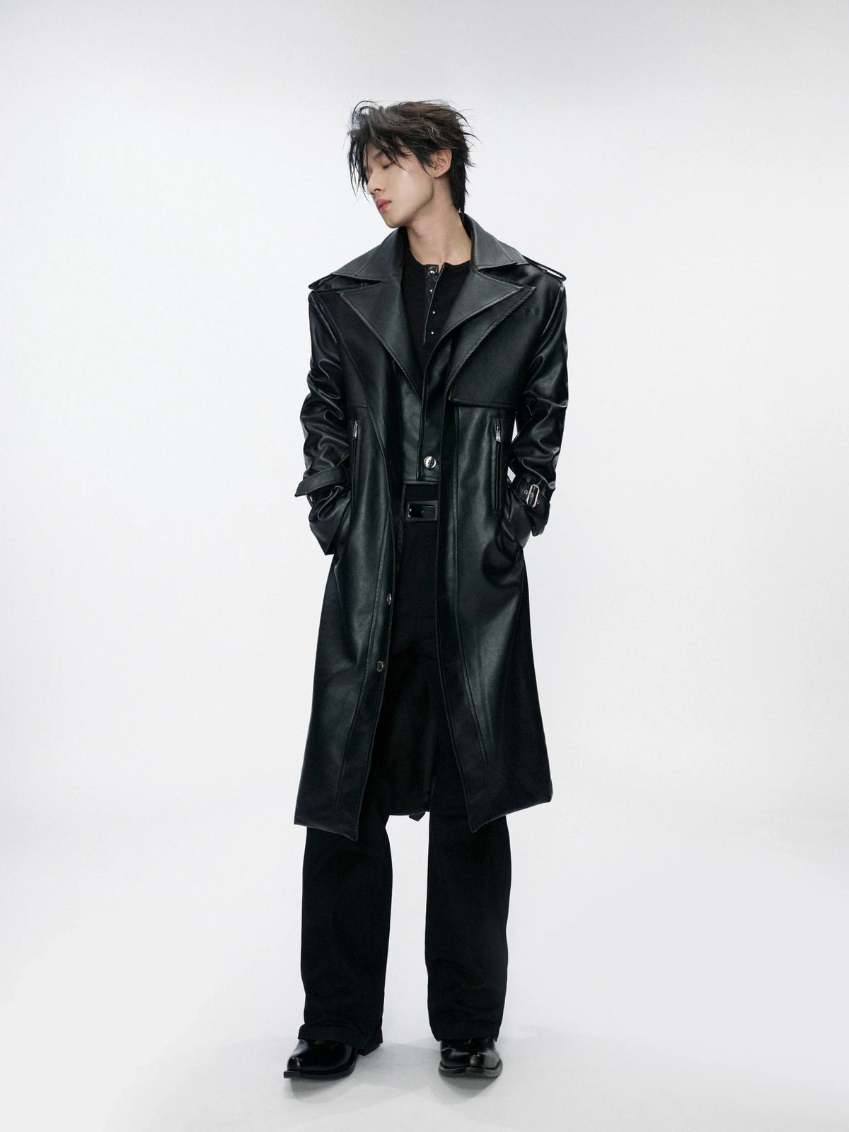 Faux Leather Dual-Collar Belted Long Trench Coat in Black - main image 5