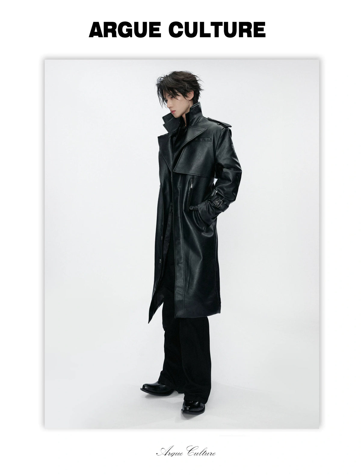 Faux Leather Dual-Collar Belted Long Trench Coat in Black - detail image 2