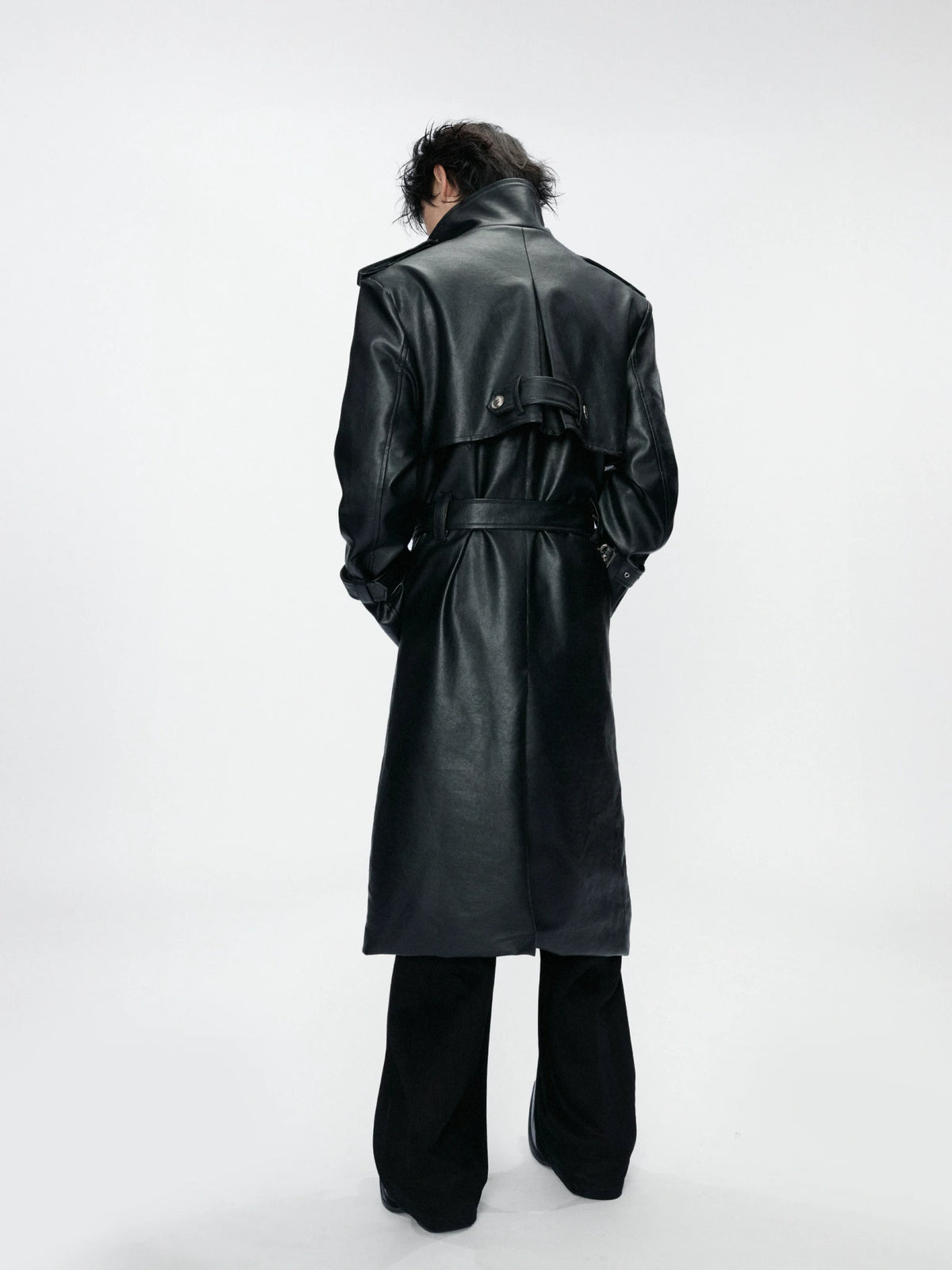 Faux Leather Dual-Collar Belted Long Trench Coat in Black - main image 2