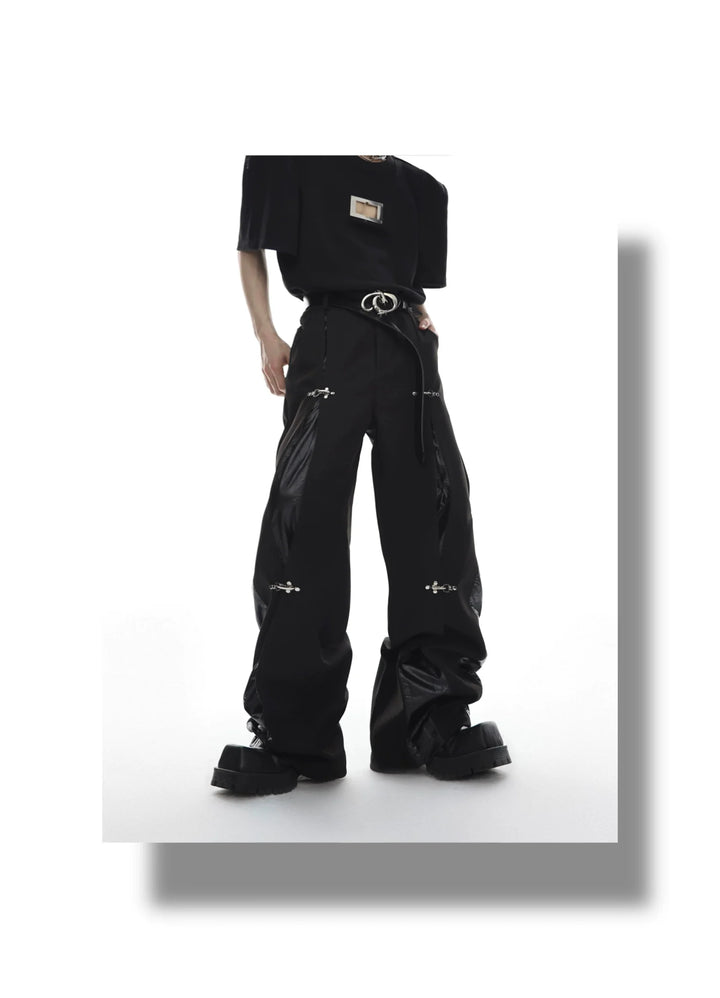 Faux Leather Patchwork Trousers with Detachable Airplane Buckle - ArguE CulturE