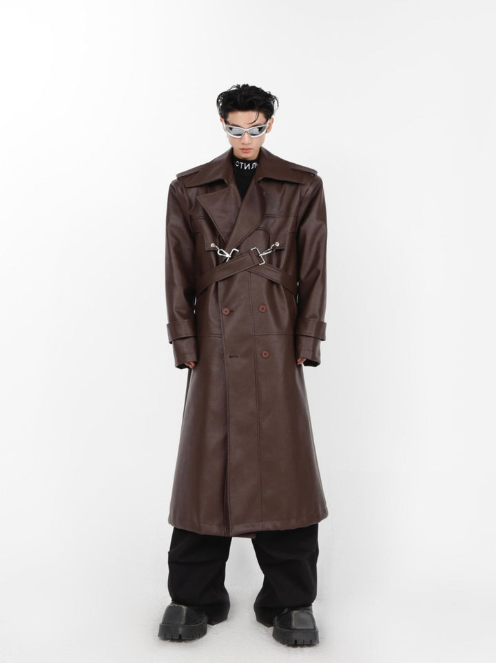 Faux Leather Shoulder - Pad Overcoat | Dual - Layer Zip Design Trench - ArguE CulturE