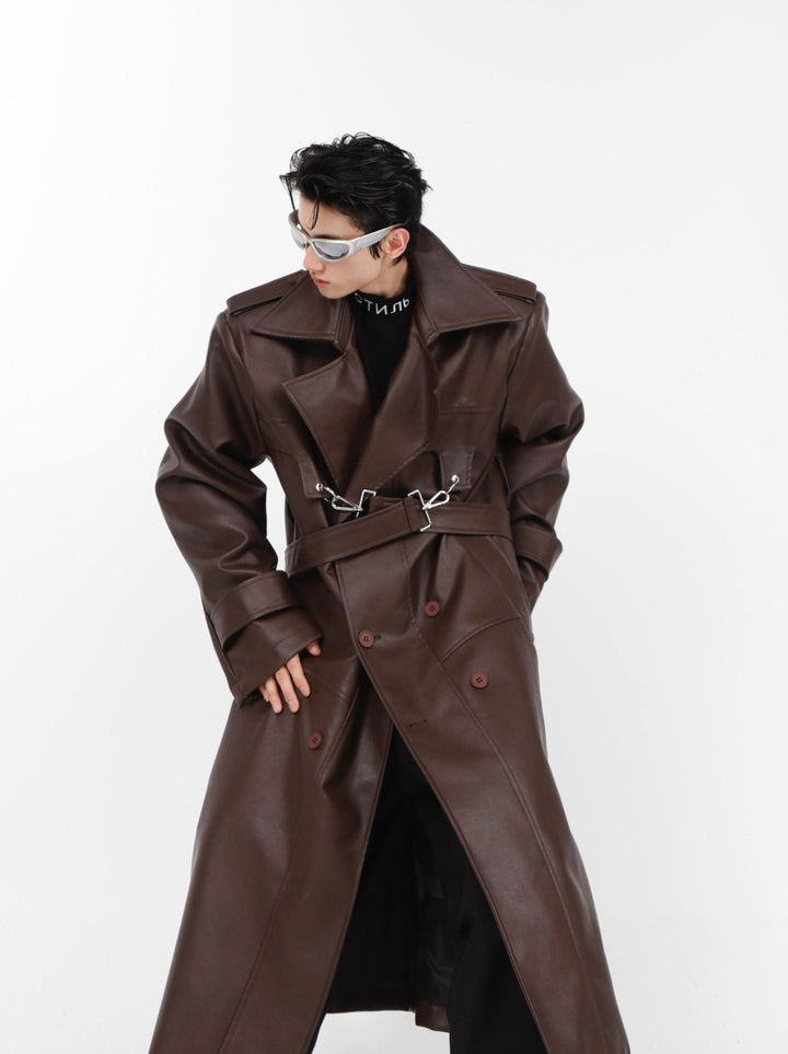 Faux Leather Shoulder - Pad Overcoat | Dual - Layer Zip Design Trench - ArguE CulturE