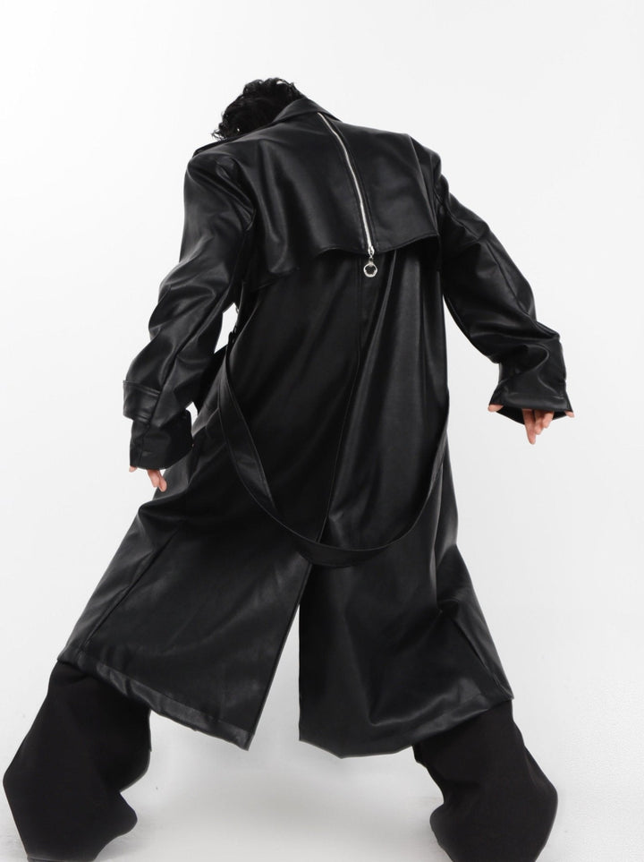 Faux Leather Shoulder - Pad Overcoat | Dual - Layer Zip Design Trench - ArguE CulturE