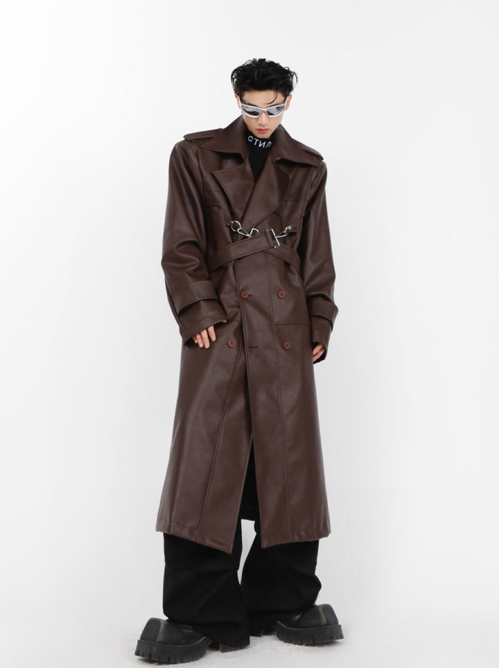 Faux Leather Shoulder - Pad Overcoat | Dual - Layer Zip Design Trench - ArguE CulturE