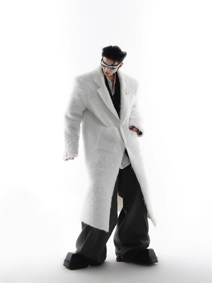 Faux Mink Fur Padded Shoulder Overcoat | Luxurious Longline White Trench - ArguE CulturE