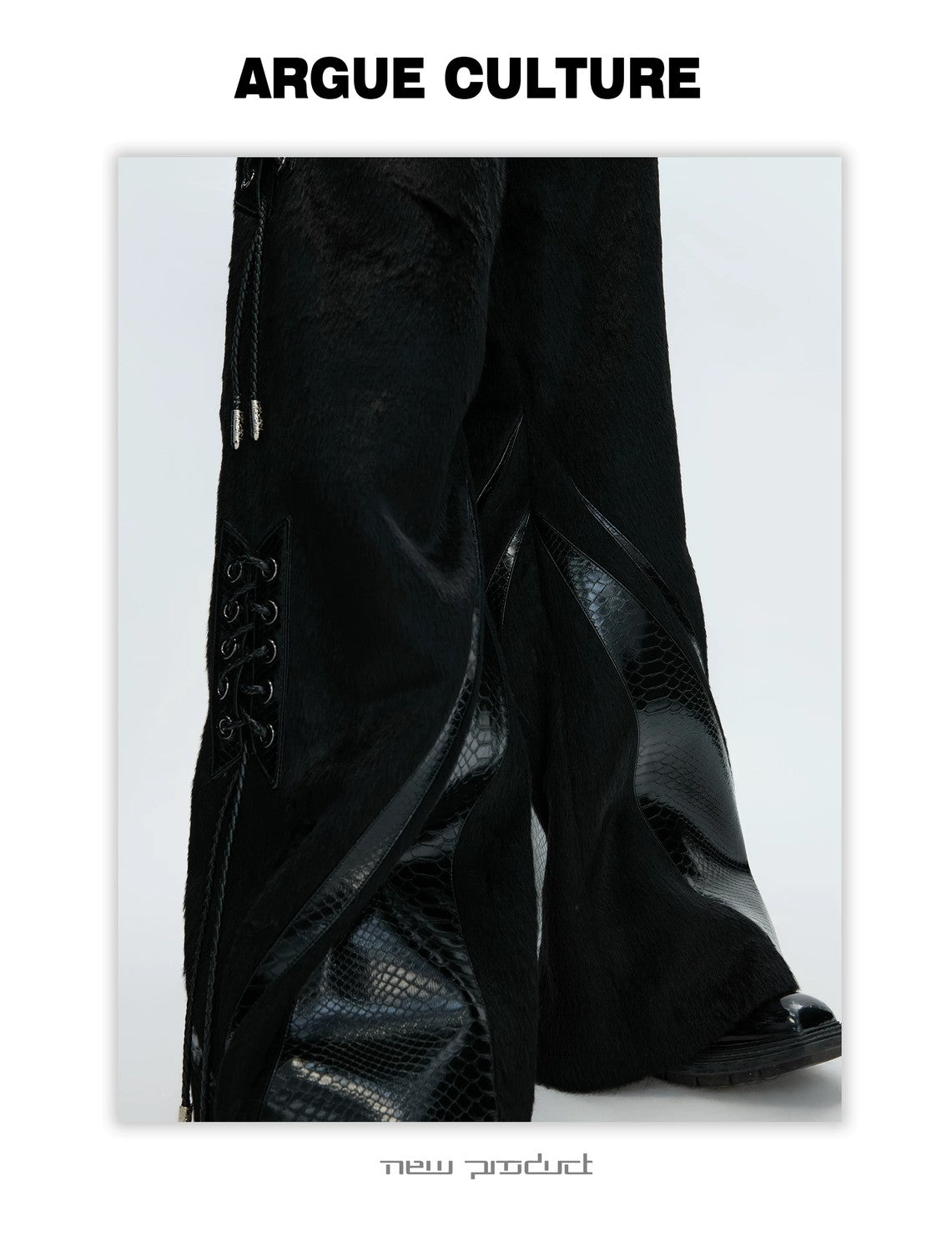 desc::faux-pony-hair-croc-patchwork-deconstructed-wide-leg-pants-detail-img-4