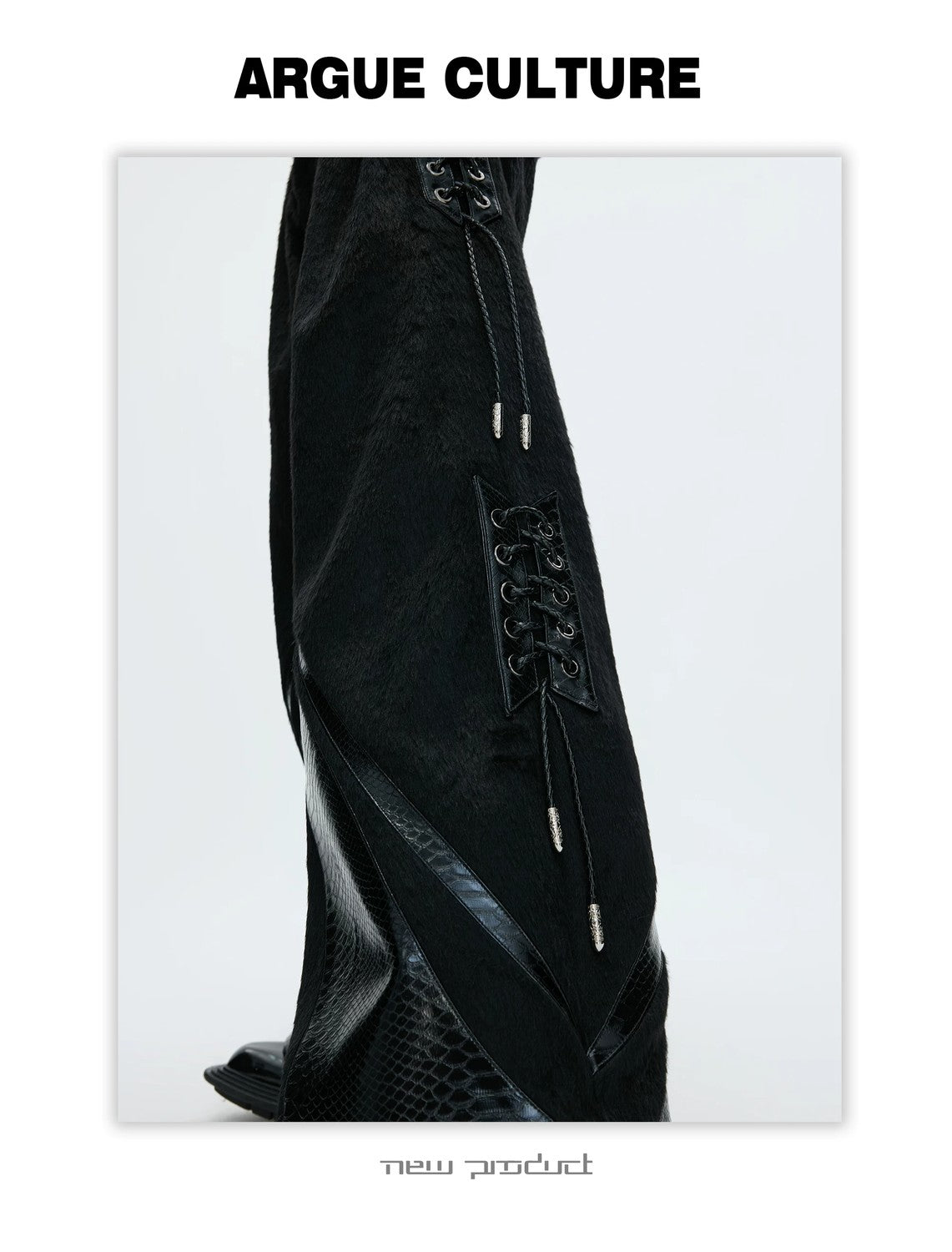 desc::faux-pony-hair-croc-patchwork-deconstructed-wide-leg-pants-detail-img-6