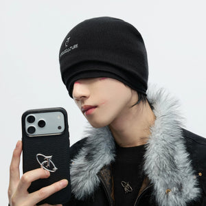 Front view of black faux triple-layer distressed winter beanie with logo