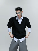 faux-two-piece-cable-knit-polo-sweater-oversized-streetwear-gray