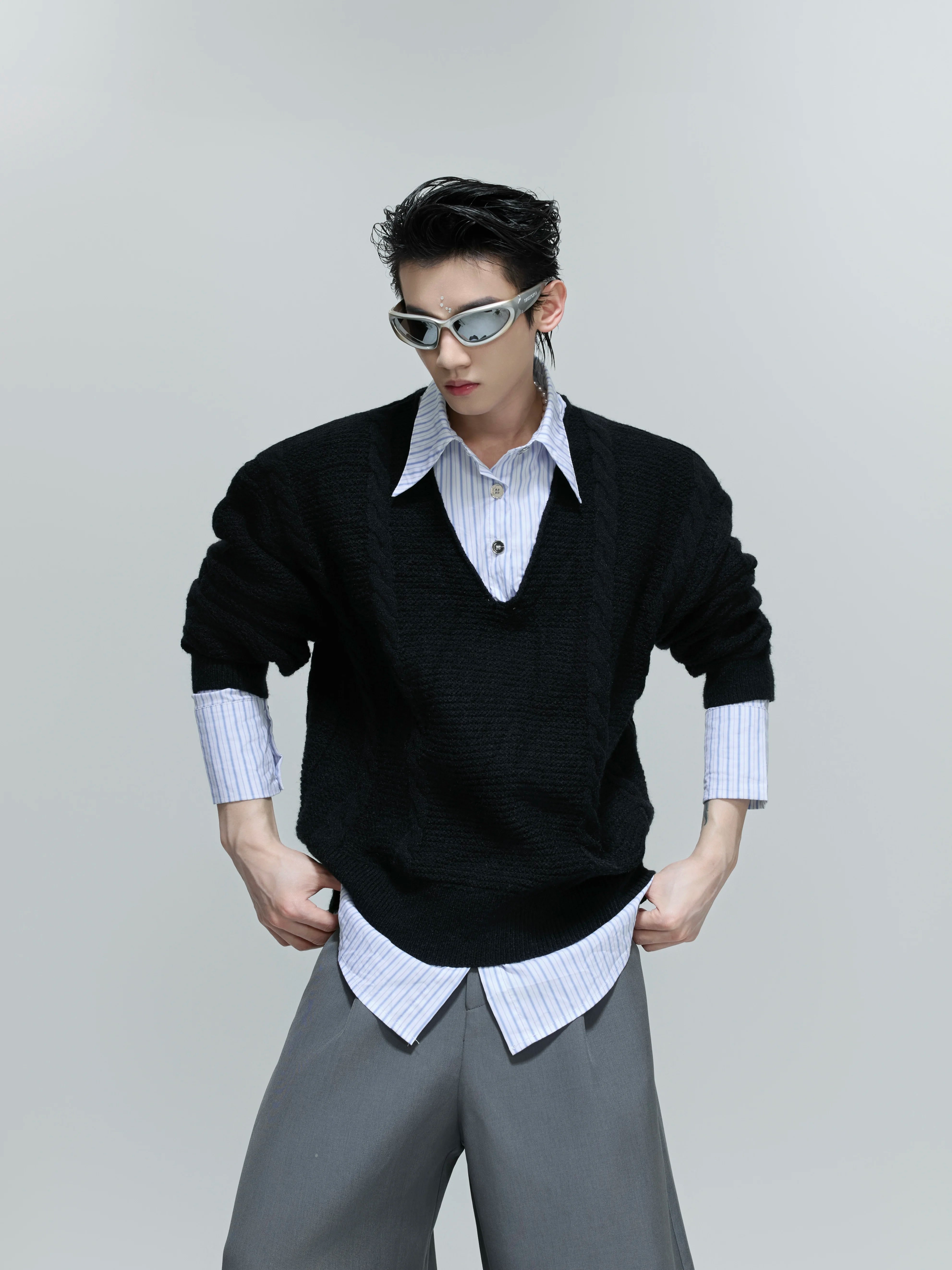 faux-two-piece-cable-knit-polo-sweater-oversized-streetwear-gray