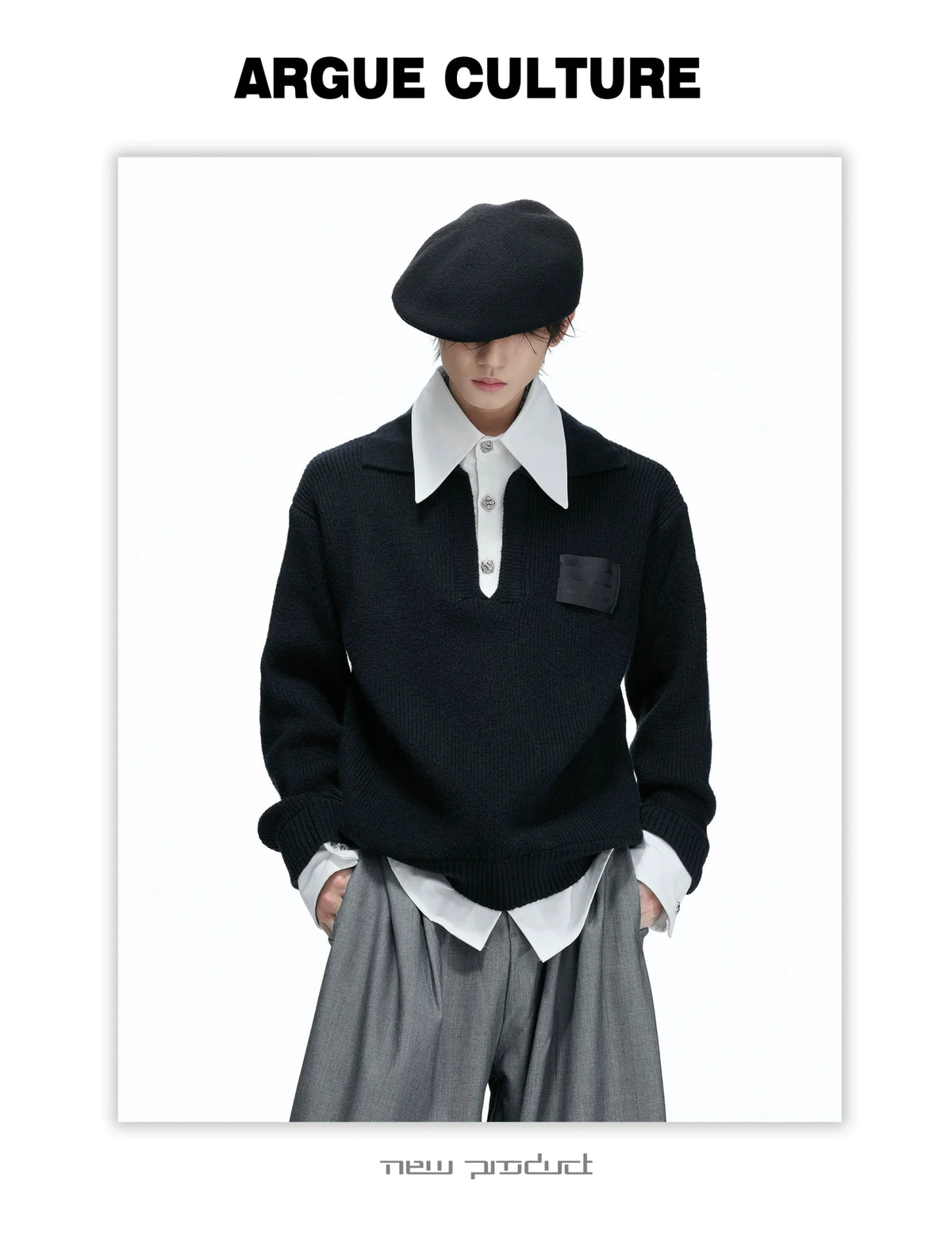 Faux Two-Piece Contrast Collar Knit Sweater - detail image 13