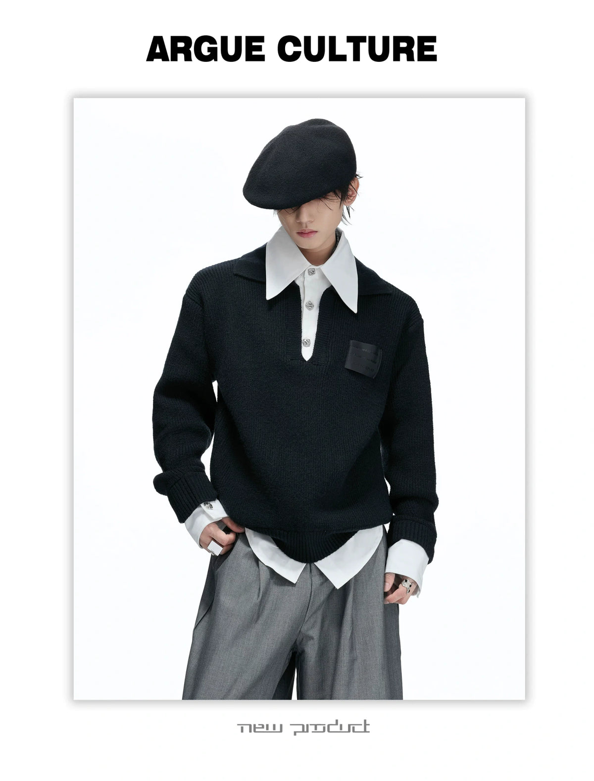 Faux Two-Piece Contrast Collar Knit Sweater - detail image 7