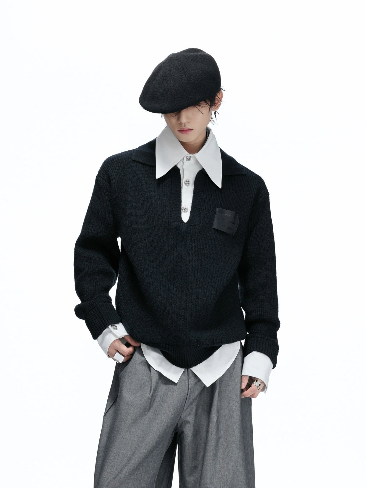 Faux Two-Piece Contrast Collar Knit Sweater - main image 4