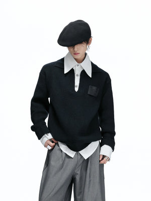 Faux Two-Piece Contrast Collar Knit Sweater - main image 4