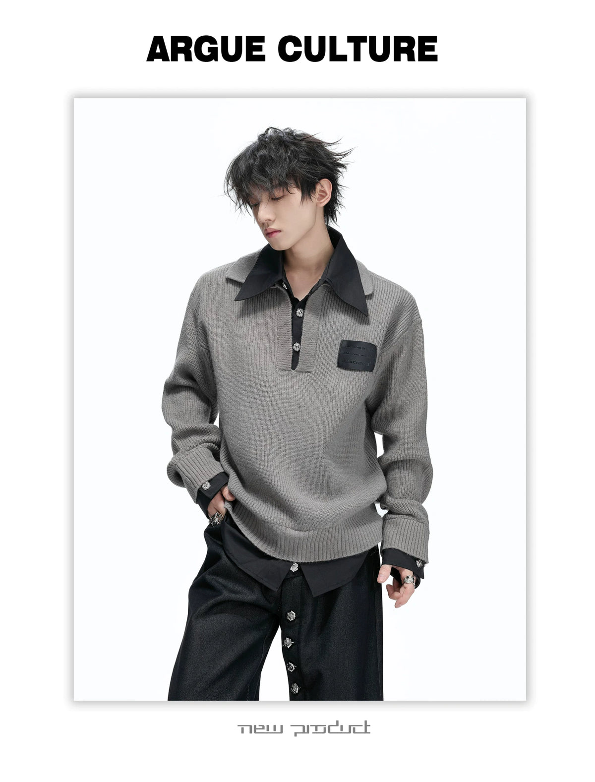Faux Two-Piece Contrast Collar Knit Sweater - detail image 11