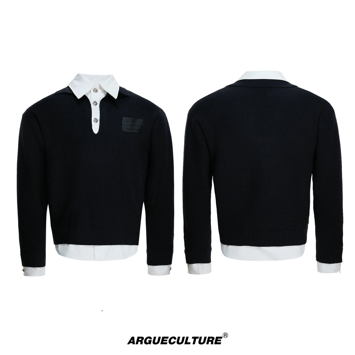 Faux Two-Piece Contrast Collar Knit Sweater - Black