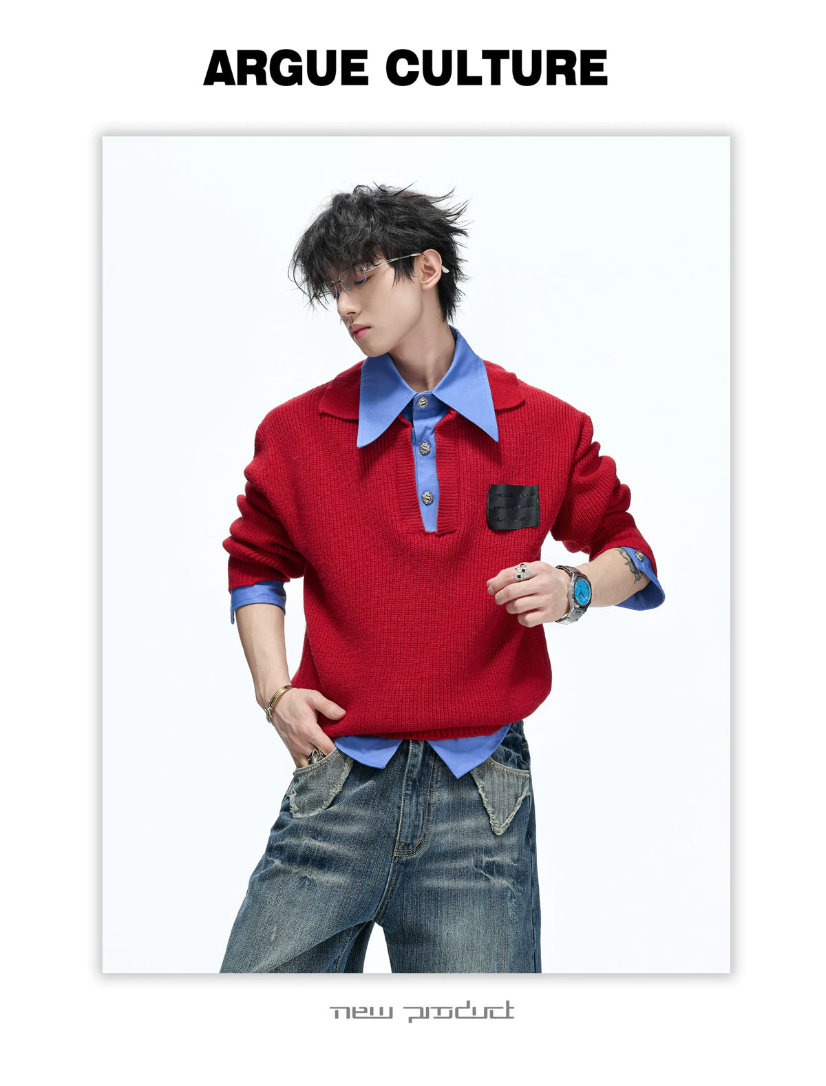 Faux Two-Piece Contrast Collar Knit Sweater - detail image 10