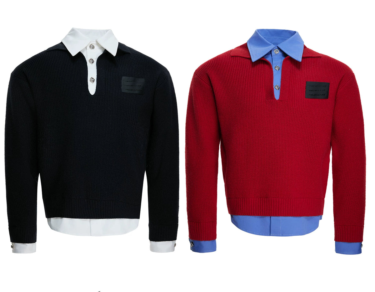 Faux Two-Piece Contrast Collar Knit Sweater - detail image 18