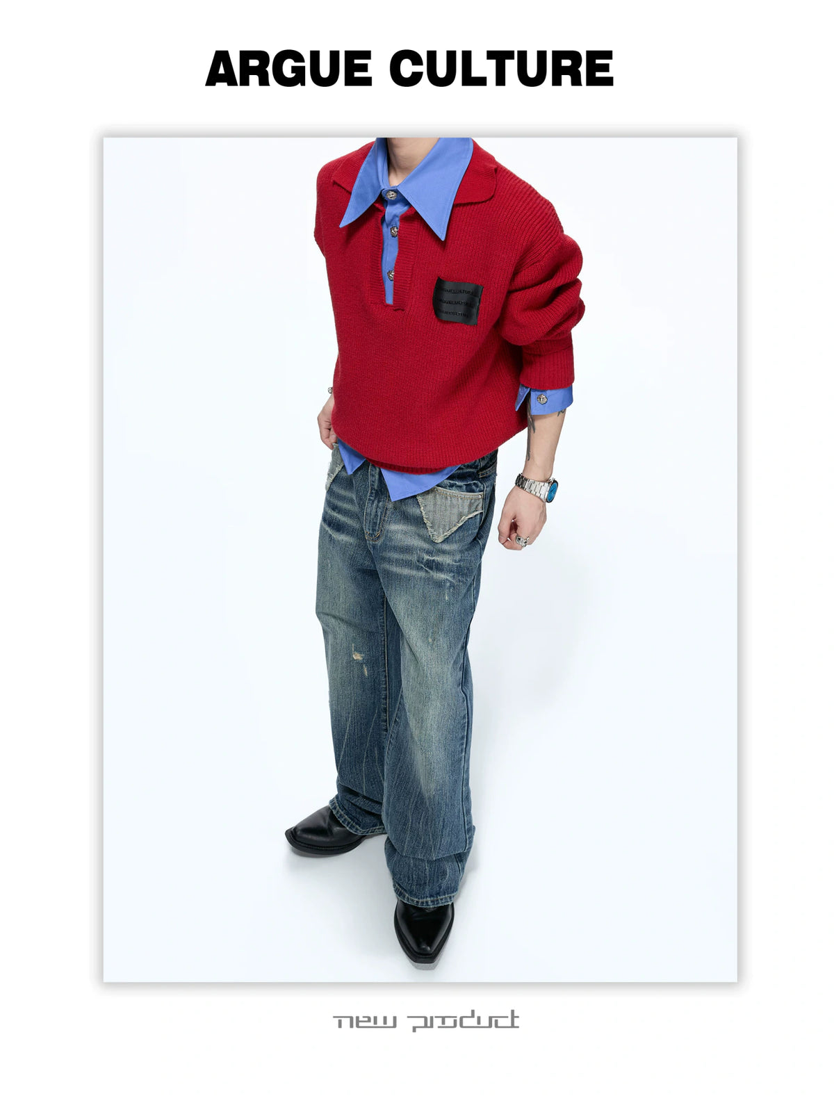 Faux Two-Piece Contrast Collar Knit Sweater - detail image 5