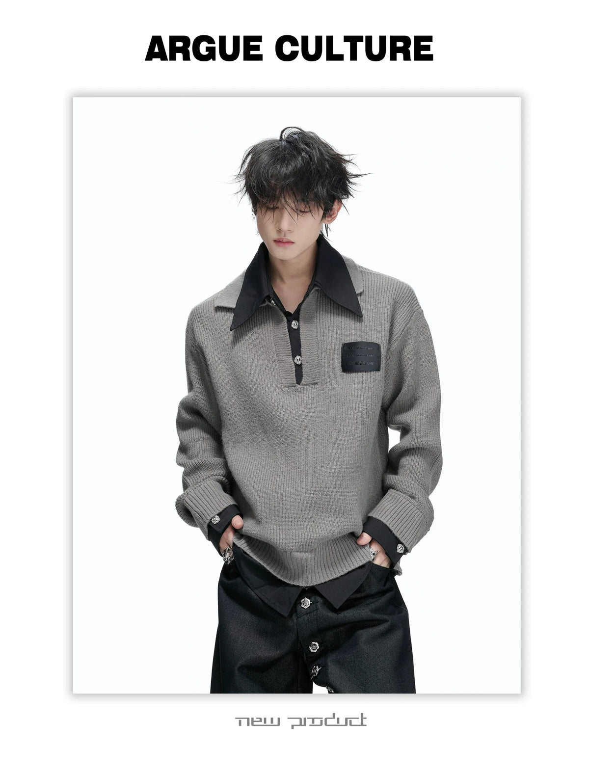 Faux Two-Piece Contrast Collar Knit Sweater - detail image 14