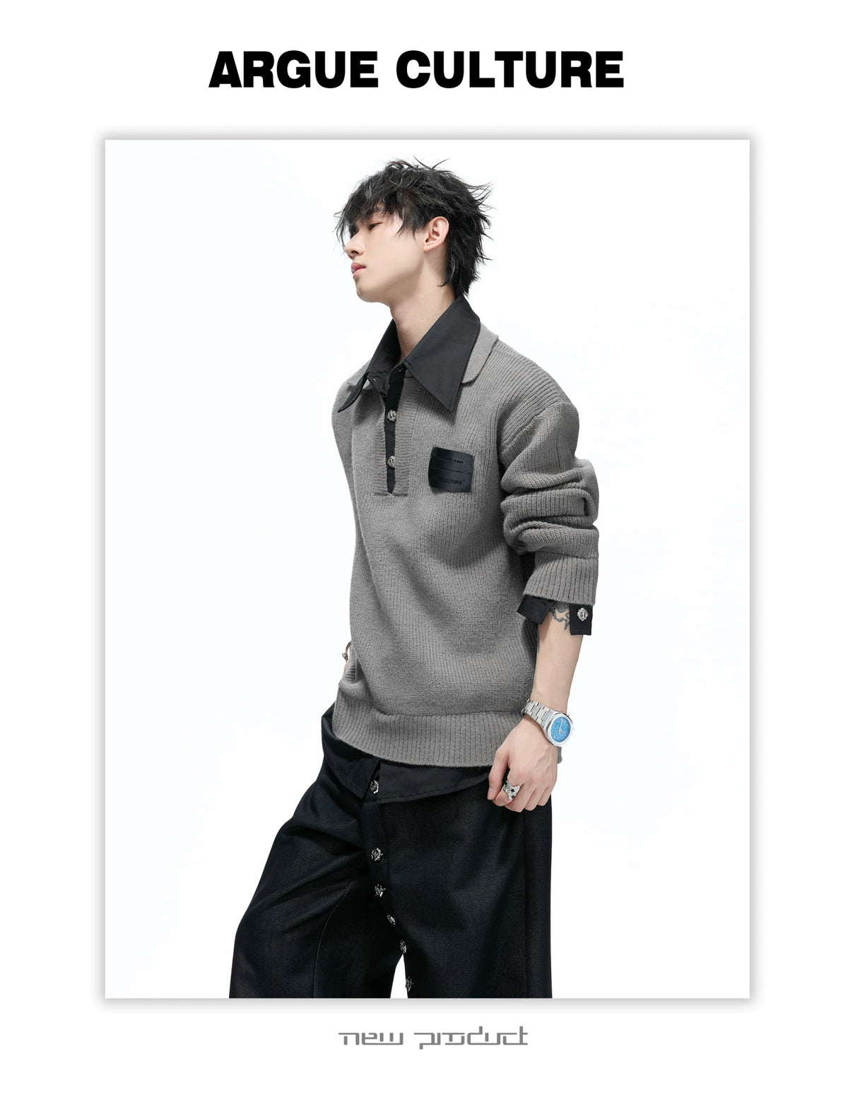 Faux Two-Piece Contrast Collar Knit Sweater - detail image 6