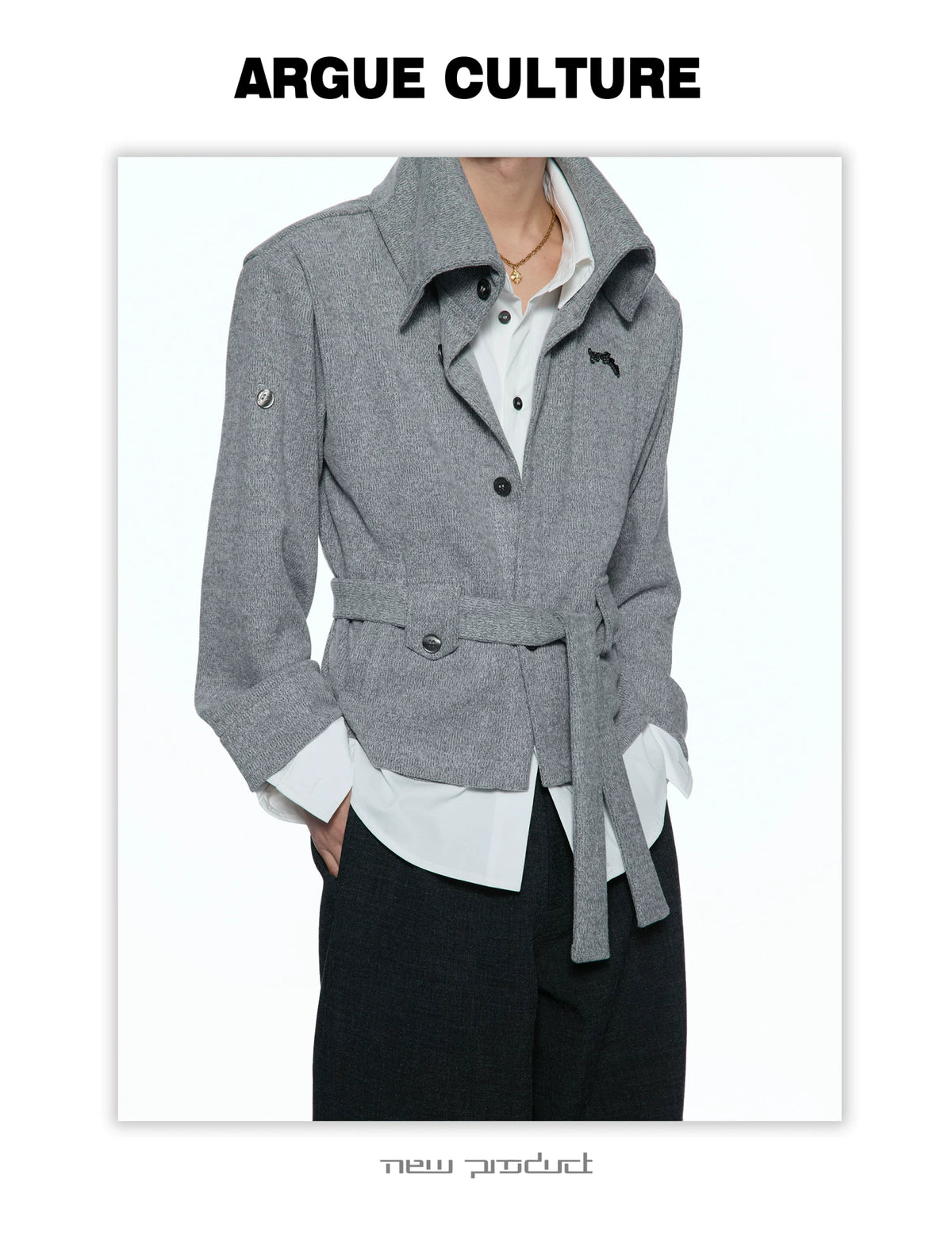 Faux Two-Piece Waist-Tie Knit Jacket in Black & Gray - detail image 3