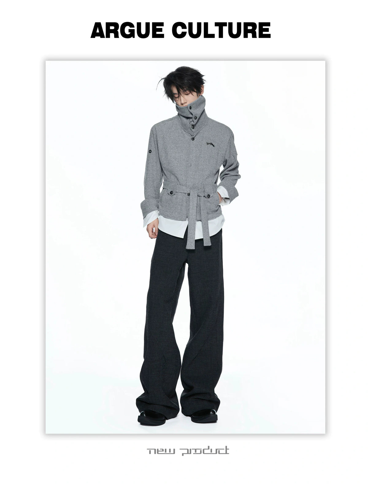 Faux Two-Piece Waist-Tie Knit Jacket in Black & Gray - detail image 9